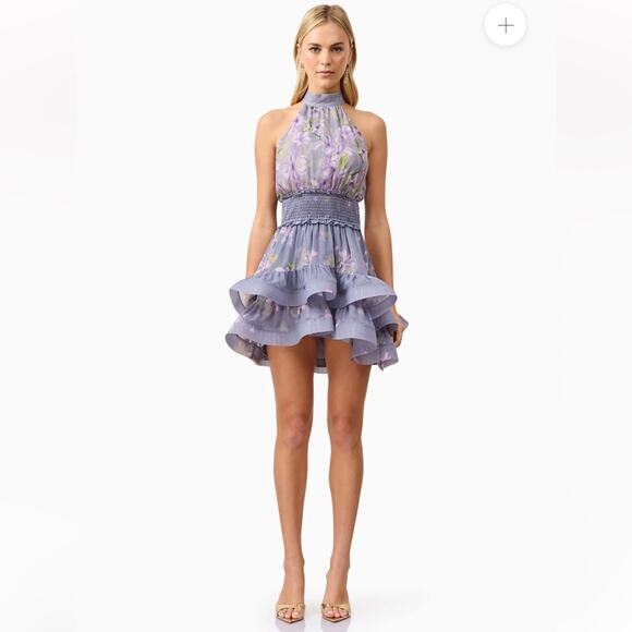 elliatt milena purple floral halter fit & flare ruffle tiered mini dress XXS NEW